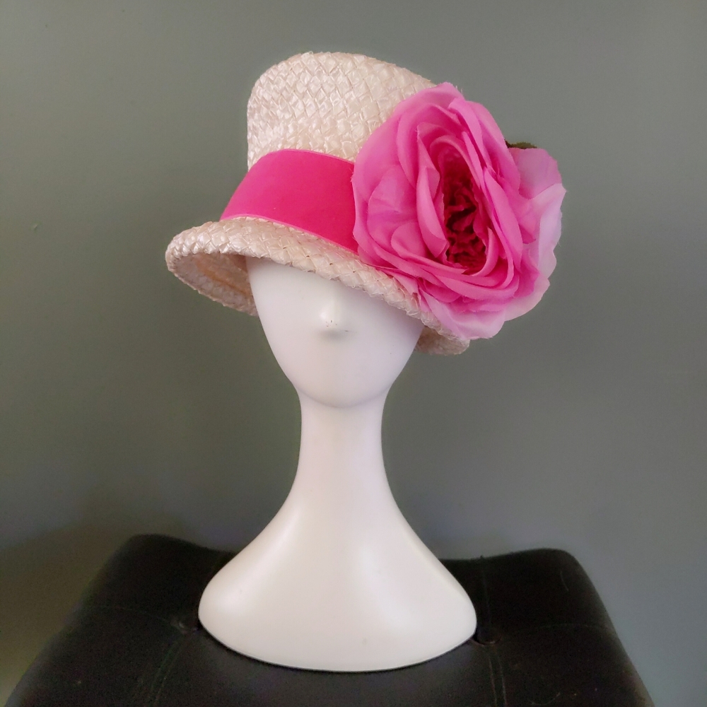 💕 Vtg White Straw Bucket Top Hat Huge Pink Rose